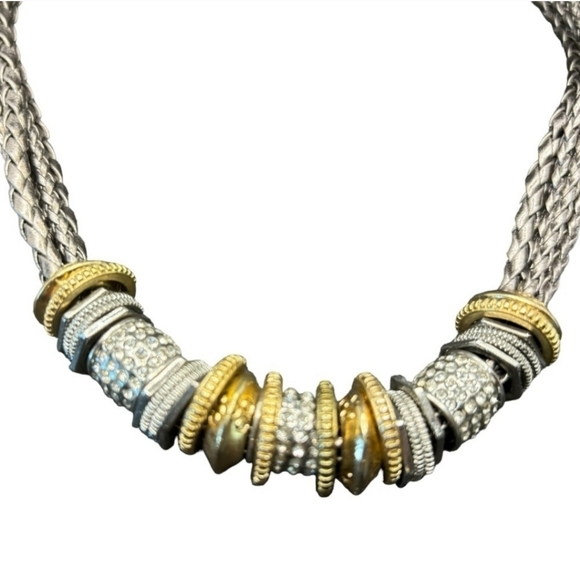 Chico’s Metallic Faux Leather Multi Braids Rhinestone Two Tone Beads Necklace - Picture 3 of 11